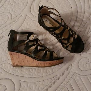 Black & Gold Caged Cork Wedges